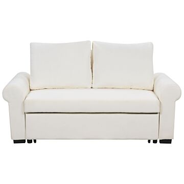 Sofa Bed Cream Polyester Fabric 2 Seater Pull-out Convertible Sleeper Retro Design Beliani