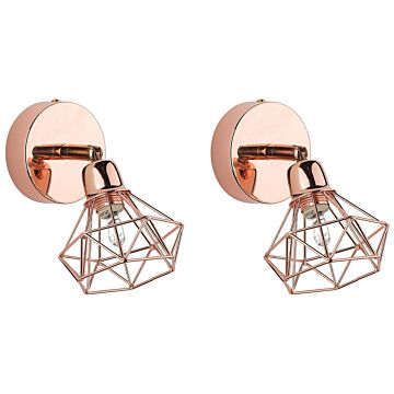 Set Of 2 Wall Lamps Copper Metal Cage Shade Adjustable Light Position Modern Beliani