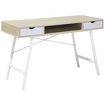 Office Desk Light Wood And White 120 X 48 Cm 2 Drawers Scandinavian Beliani