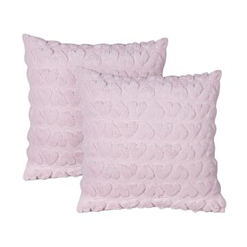 Set Of 2 Scatter Cushions Pink Polyester Fabric Hearts Pattern 45 X 45 Cm Pillows For Kids Beliani