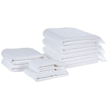 Set Of 9 Bath Towels Whiteterry Cotton Polyester Tassels Texture Bath Towels Beliani
