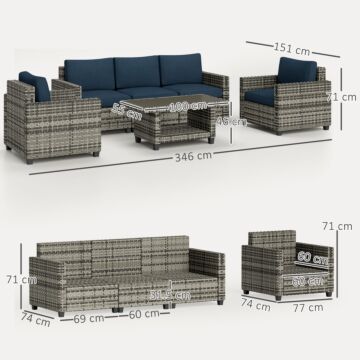 Outsunny 6 Pieces Rattan Garden Furniture Set, 5 Seater Wicker Outdoor Furniture Set With 2 Armchairs, Steel Frame Coffee Table And Cushions For Balcony, Porch, Navy Blue