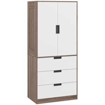 Homcom 2 Door Wardrobe, Modern Wardrobe With 3 Drawers And Hanging Rod For Bedroom, Brown