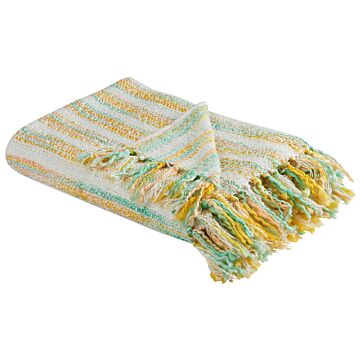 Blanket Yellow And Green Acrylic 130 X 170 Cm Striped Pattern Tassels Boho Style Living Room Bedroom Accent Piece Beliani