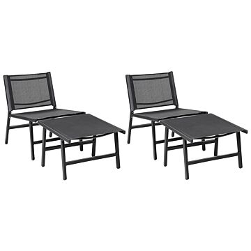 Set Of 2 Garden Chairs Black Textilene Seat Backrest Metal Frame With Footrests Modern Outdoor Patio Design Beliani