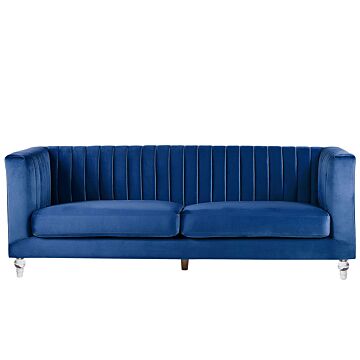 Sofa Blue 3 Seater Velvet Tuxedo Style Quilting Beliani