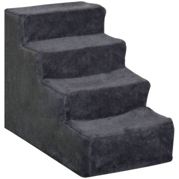 Pawhut Four-step Dog Stairs, With Washable Plush Cover, For High Bed Sofa, Dog Stairs For Small Dog And Cat - Dark Grey