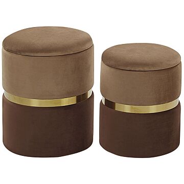 Set Of 2 Storage Pouffes Light And Dark Brown Polyester Velvet Upholstery Footstool Retro Design Beliani