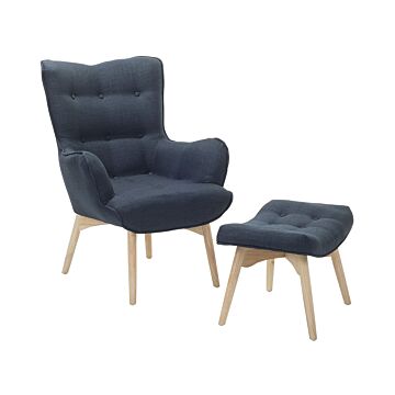 Wingback Chair With Ottoman Dark Blue Fabric Buttoned Retro Style Beliani