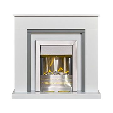 Adam Milan Fireplace In Pure White & Grey With Helios Electric Fire In Brushed Steel, 39 Inch