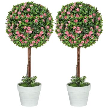 Homcom Set Of 2 Decorative Artificial Plants, Ball Topiary Tree With Rose Flower In Pot, Fake Plants For Home Indoor Outdoor Decor, 60cm, Pink