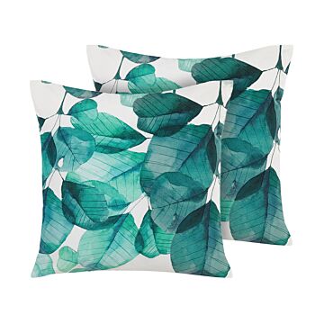 Set Of 2 Outdoor Cushions Polyester Teal Blue And White Square 45 Cm Multicolour Leaf Pattern Beliani