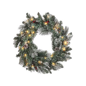 Christmas Wreath Green Synthetic Material 40 Cm Pre Lit Artificial Snow Pine Cons Seasonal Home Decor Beliani