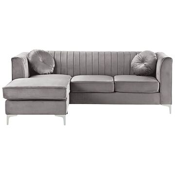 Corner Sofa Grey Velvet Upholstered 3 Seater Right Hand L-shaped Glamour Additional Pillows Beliani