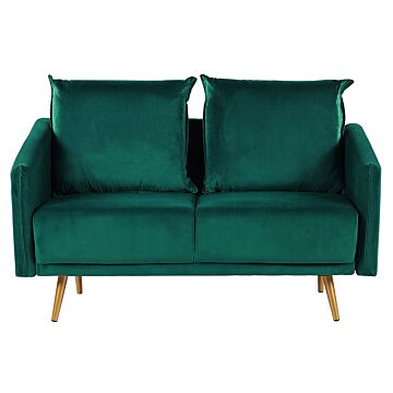 Sofa Emerald Green Velvet 2 Seater Back Cushioned Seat Metal Golden Legs Retro Glam Beliani