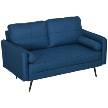 Homcom 143cm Loveseat Sofa For Bedroom Upholstered 2 Seater Sofa With Back Cushions And Pillows, Blue