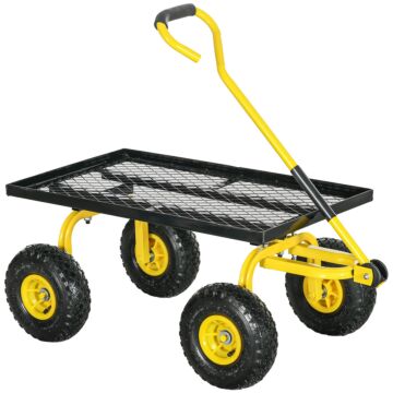 Outsunny Garden Trolley Cart, Heavy Duty Garden Cart With Metal Frame, 10" Pneumatic Wheels, Rotating Handle, 150kg Capacity, For Garden, Farm, Yellow