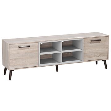 Tv Stand Light Wood With Grey For Up To 78ʺ Tv Media Unit With 2 Cabinets Shelves Beliani