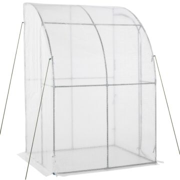 Outsunny Outdoor Walk-in Lean To Wall Greenhouse With Zippered Roll Up Door And Pe Cover, 143l X 118w X 212hcm, White