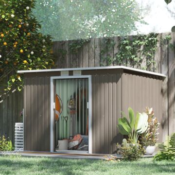 Outsunny 9ft X 4ft Metal Garden Shed, Outdoor Tool House With Foundation Kit, Ventilations And Double Doors, Light Grey Wood Grain