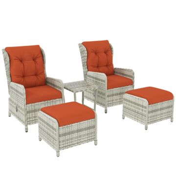 Outsunny 5 Pieces Rattan Bistro Set With Adjustable Back, Reclining Wicker Balcony Furniture With Cushions, Glass Top Coffee Table And Footstools, Outdoor Table And Chairs, Orange