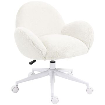 Homcom Makeup Vanity Chair, Cute Fluffy Desk Chair With Rolling Wheels Cream White