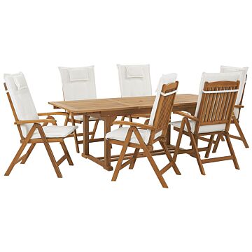 Garden Dining Set Acacia Wood With Off-white Cushions 6 Seater Adjustable Foldable Chairs Outdoor Country Style Beliani