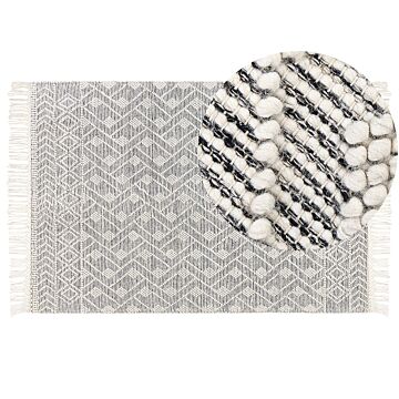 Area Rug Black And White Wool Cotton 160 X 230 Cm Hand Woven Flat Weave With Tassels Geometric Pattern Beliani