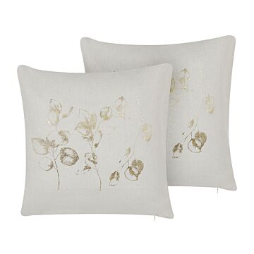 Set Of 2 Cushions Off-white Polyester 45 X 45 Cm Leaf Foil Print With Filling Zipper Scatter Throw Pillow Beliani