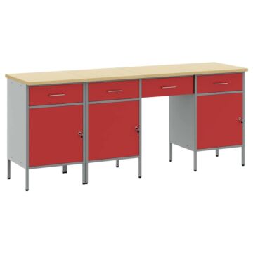 Vidaxl 4-piece Work Cabinet And Table Set - Red Engineered Wood And Steel