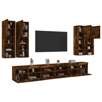 Vidaxl 7 Piece Tv Wall Cabinet Set With Led Lights Smoked Oak