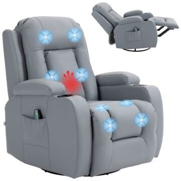 Homcom Massage Recliner Chair With 8 Vibration & Heat, Pu Leather Recliner Armchair With Cup Holders And Side Pockets, Manual Reclining Chair With Remote, 360° Swivel, Rocking, Light Grey