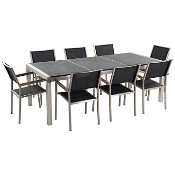 Garden Dining Set Black With Flamed Granite Table Top 8 Seats 220 X 100 Cm Beliani