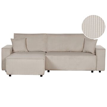 Right Corner Sofa Beige Fabric Cord Upholstered With Sleeper Function Pull Out Cushioned Back Beliani