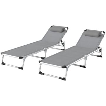 Outsunny Foldable Outdoor Sun Lounger Set Of 2, Reclining Lounge Chair Camping Bed Cot With Pillow 4-level Adjustable Back Aluminium Frame, Light Grey