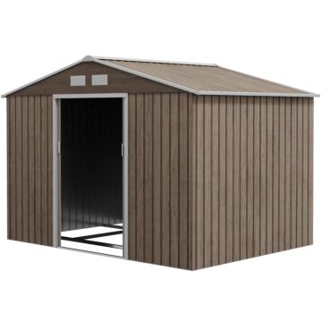 Outsunny 9 X 6ft Garden Metal Storage Shed, Outdoor Storage Tool House With Vents, Foundation And Lockable Double Doors, Brown