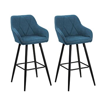 Set Of 2 Bar Stools Upholstered In Blue Fabric With Padded Backrest Arms Black Metal Legs Beliani