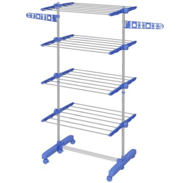 Homcom 4-tier Clothes Airer, Foldable Clothes Drying Rack, Stainless Steel Indoor And Outdoor Clothes Dryer With Wheels And Wings, Easy Assembly, 142 X 55 X 172cm, Blue