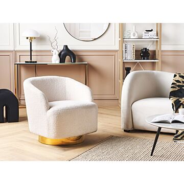 Armchair White Cream Boucle Fabric Soft Nubby Gold Base Swivel 360° Retro Glam Art Decor Style Beliani