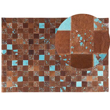 Rug Brown And Blue Leather 160 X 230 Cm Cowhide Hand Crafted Beliani