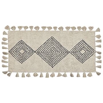 Area Rug Beige Cotton 80 X 150 Cm Rectangular With Tassels Geometric Pattern Boho Oriental Style Beliani