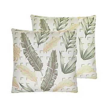 Set Of 2 Scatter Cushions Green And Beige 45 X 45 Cm Leaf Pattern Decorative Throw Pillows Removable Covers Zipper Closure Modern Boho Style Beliani