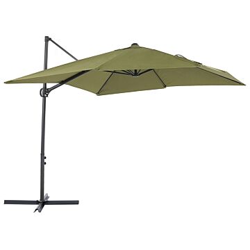 Garden Sun Parasol Green Canopy White Steel Pole 245 Cm Weather Resistant Cantilever With Crank Mechanism Beliani