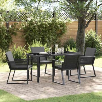 Vidaxl 5 Piece Garden Dining Set With Cushions Black Poly Rattan