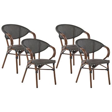 Set Of 4 Garden Chairs Dark Wood Aluminium Frame Grey Textile Seat Stackable Beliani