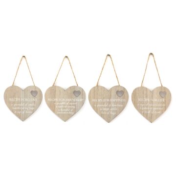 Set Of 4 Wood Hanging White Etched Life Recipe Heart Plaque