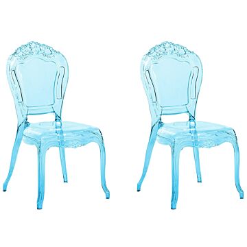 Set Of 2 Dining Chairs Blue Transparent Acrylic Solid Back Armless Stackable Vintage Modern Design Beliani