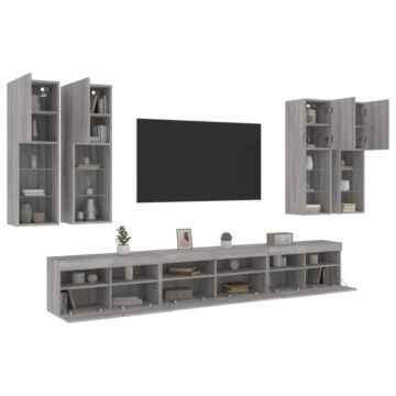 Vidaxl 7 Piece Tv Wall Cabinet Set With Led Lights Grey Sonoma