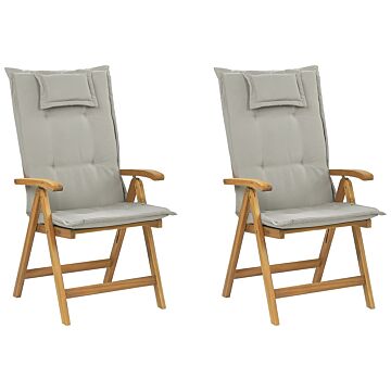 Set Of 2 Garden Chairs Light Acacia Wood With Taupe Cushions Folding Feature Uv Resistant Rustic Style Beliani