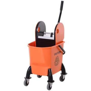 Homcom 26l Mop Bucket With Wringer, Mop Bucket On Wheels With Carry Handle, Mop Holder, Plastic Body For Household, Orange
